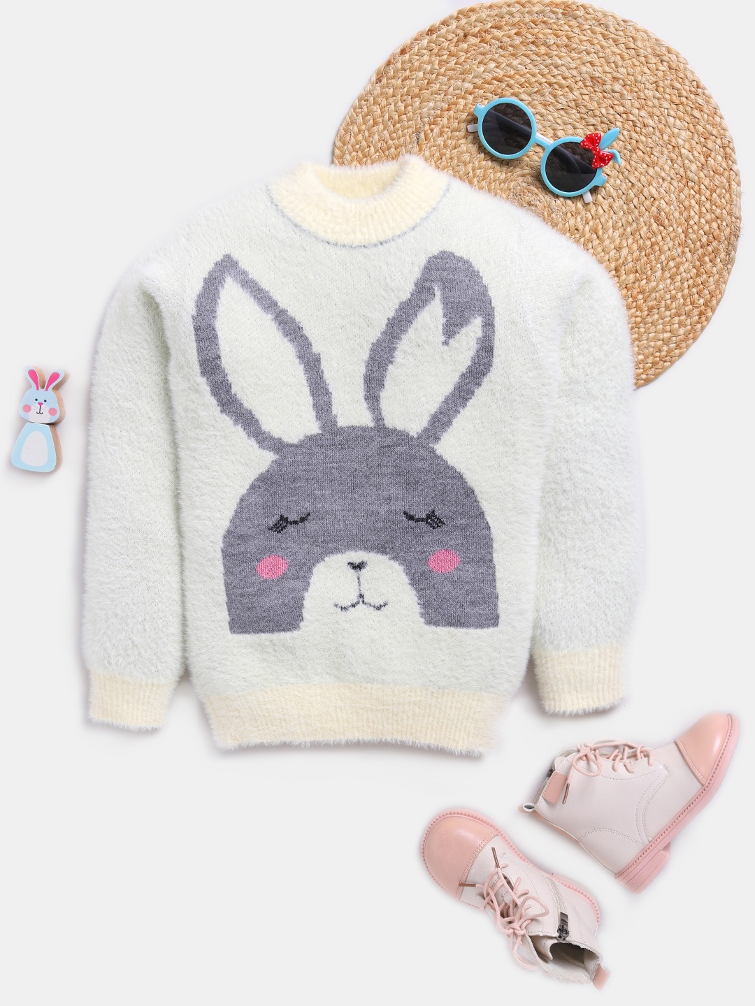 

Here&Now X Game Begins Girls Rabbit Pullover with Fuzzy Detail, Off white