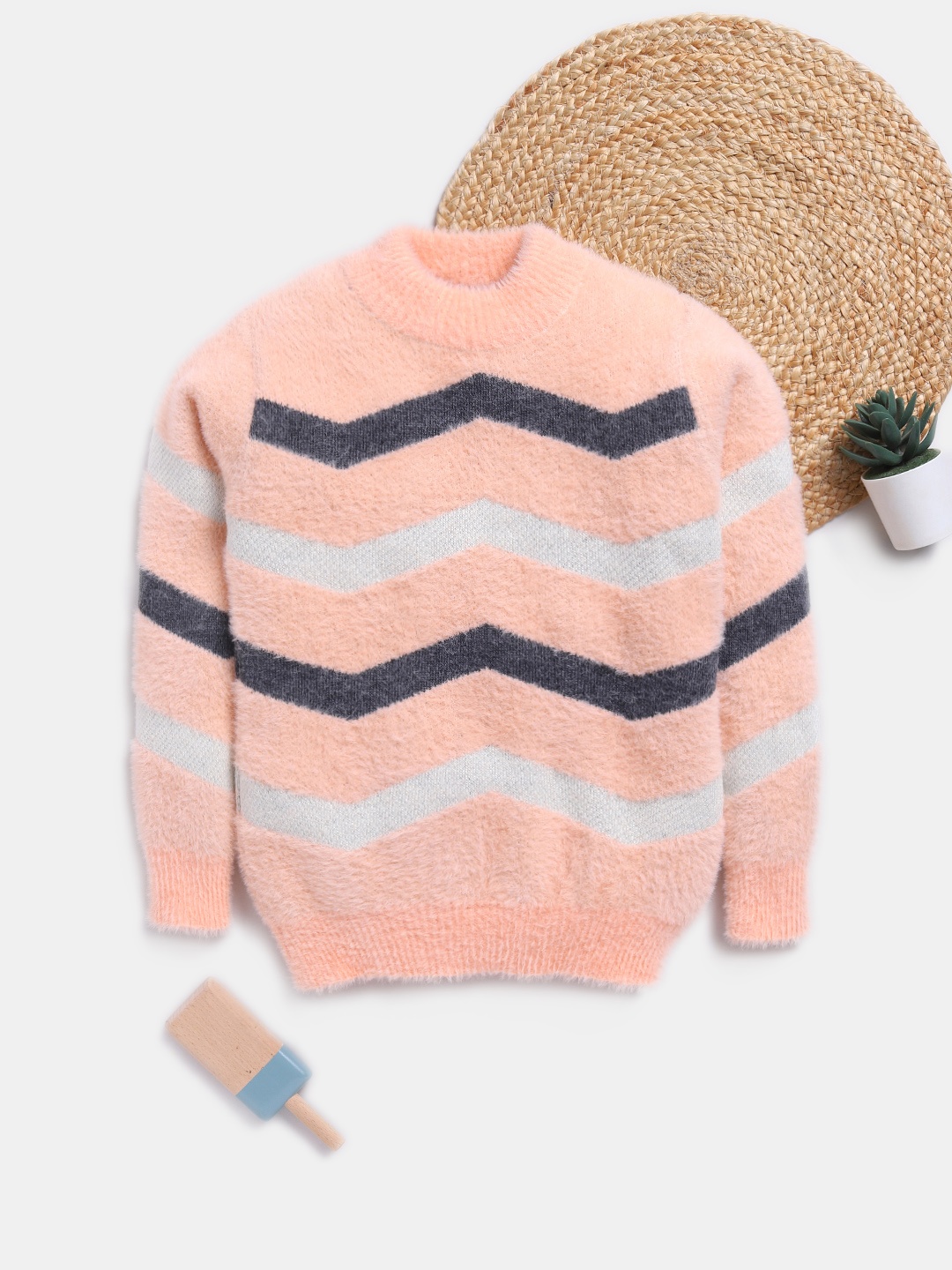 

Here&Now X Game Begins Girls Striped Woollen Pullover with Fuzzy Detail, Pink