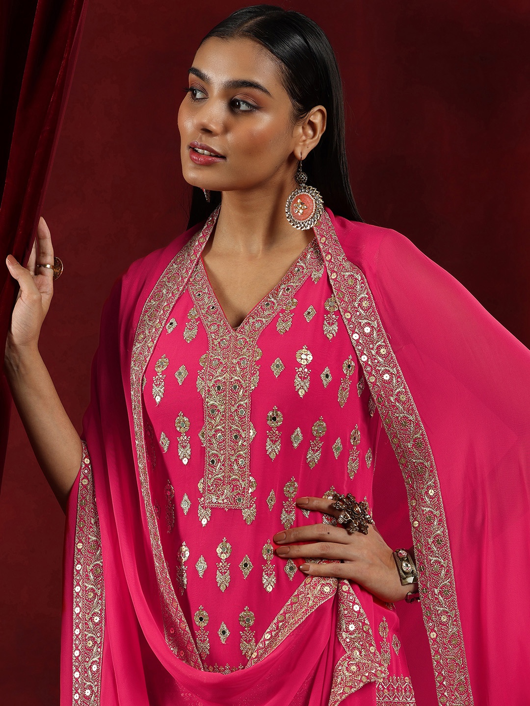 

Libas Art Floral Embroidered Regular Mirror Work Straight Kurta With Palazzos & Dupatta, Coral