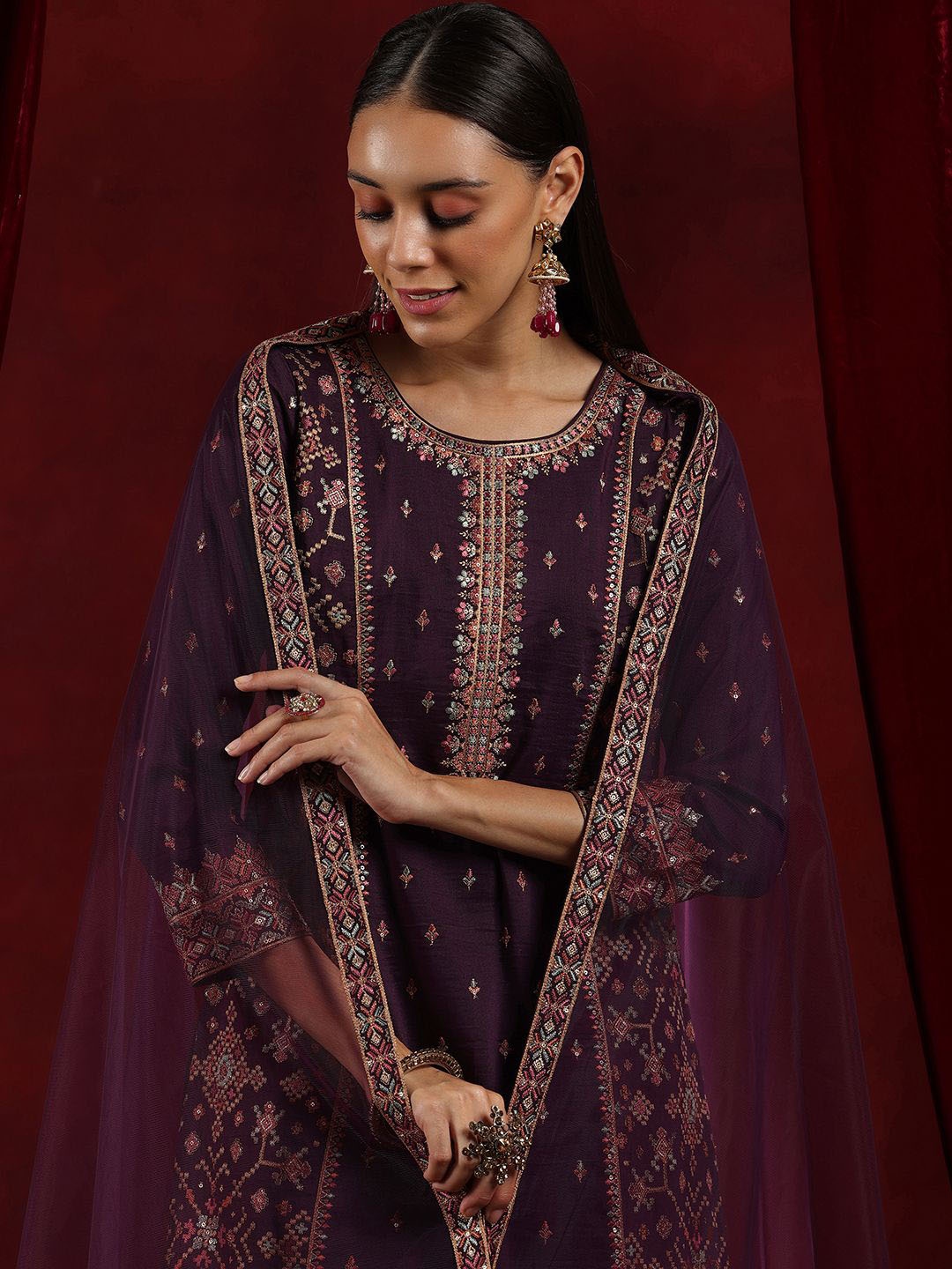 

Libas Art Floral Embroidered Sequined Straight Kurta With Palazzos & Dupatta, Burgundy