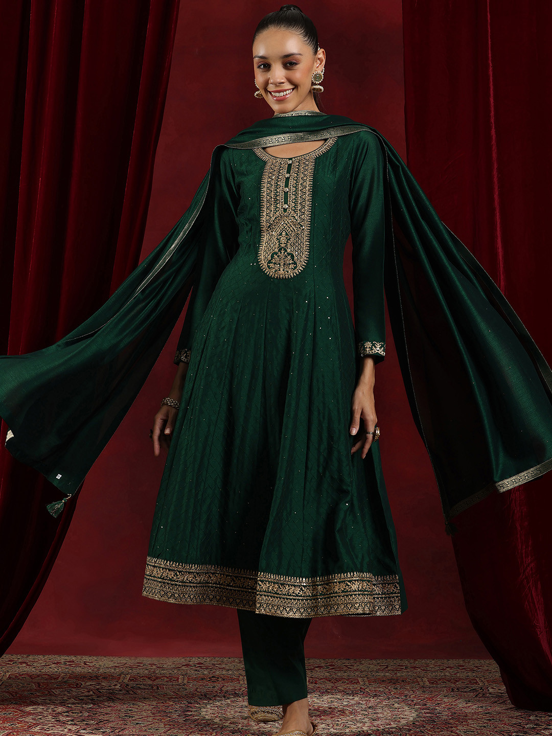 

Libas Art Floral Embroidered Zari Detailing Anarkali Kurta With Trousers & Dupatta, Green