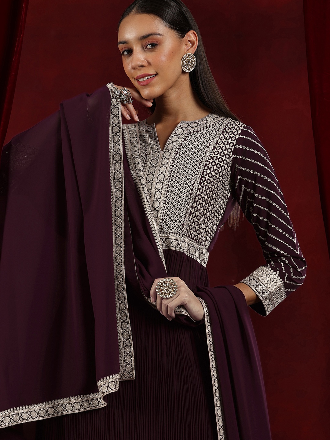 

Libas Art Ethnic Motifs Embroidered Sequinned Georgette Kurta with Palazzo & Dupatta, Burgundy