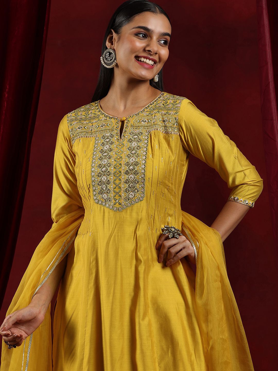 

Libas Art Floral Yoke Design Beads and Stones Chanderi Silk Kurta With Trousers & Dupatta, Mustard