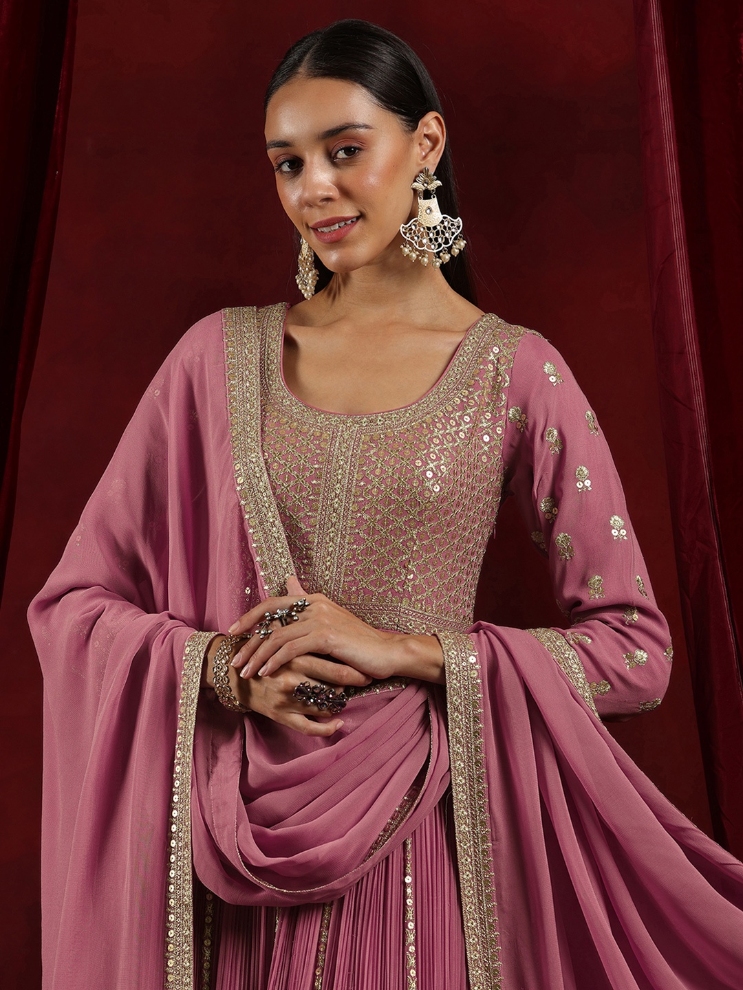 

Libas Art Ethnic Motifs Embroidered Sequined Anarkali Kurta With Trousers & Dupatta, Pink