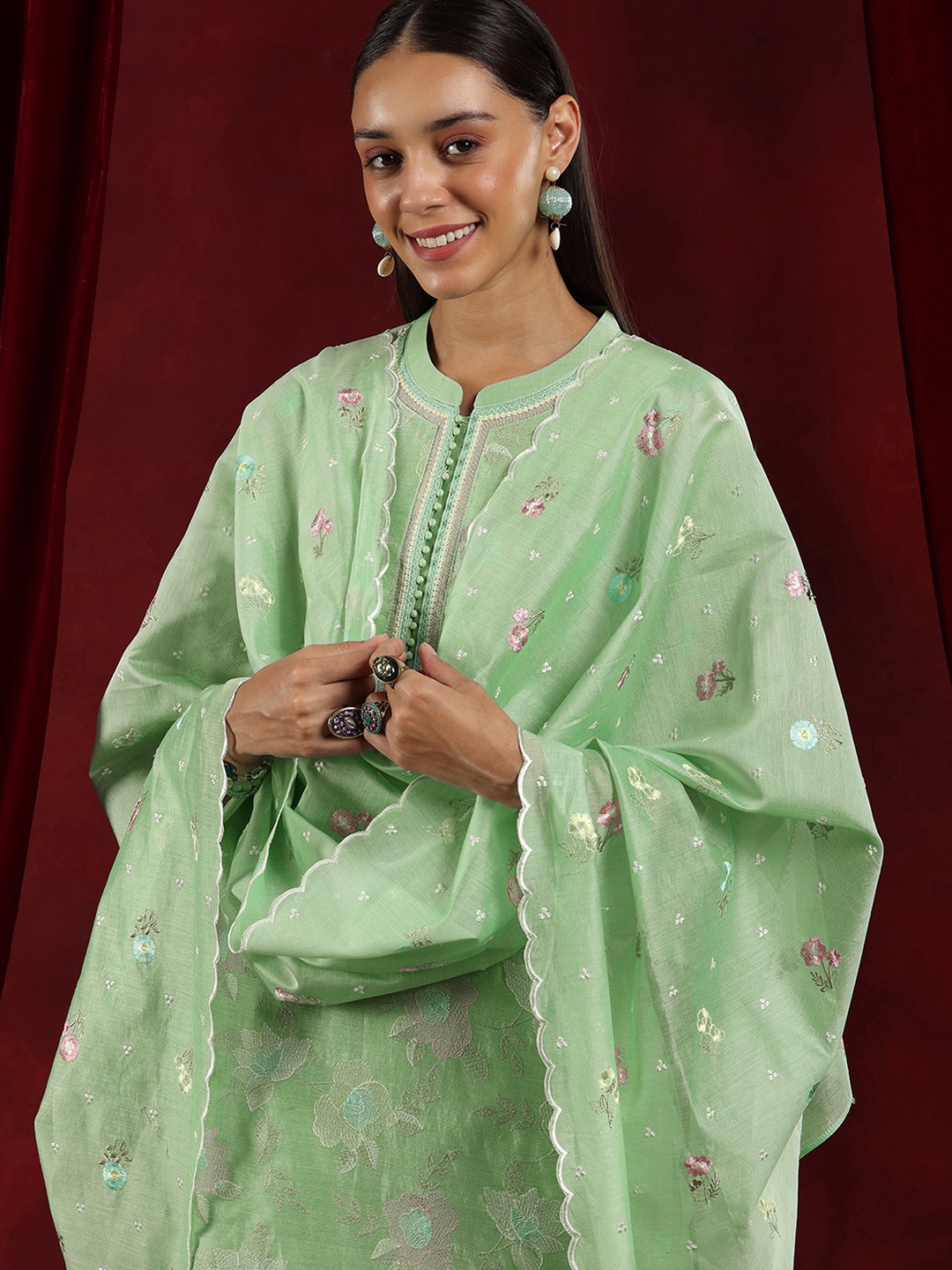 

Libas Art Floral Embroidered Thread Work Chanderi Silk Kurta With Trouser & Dupatta, Green