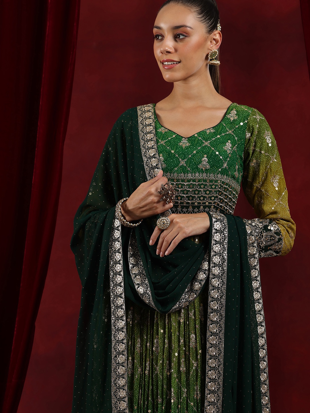

Libas Art Bandhani Printed Pleated Anarkali Zari Kurta With Trousers & Dupatta, Green