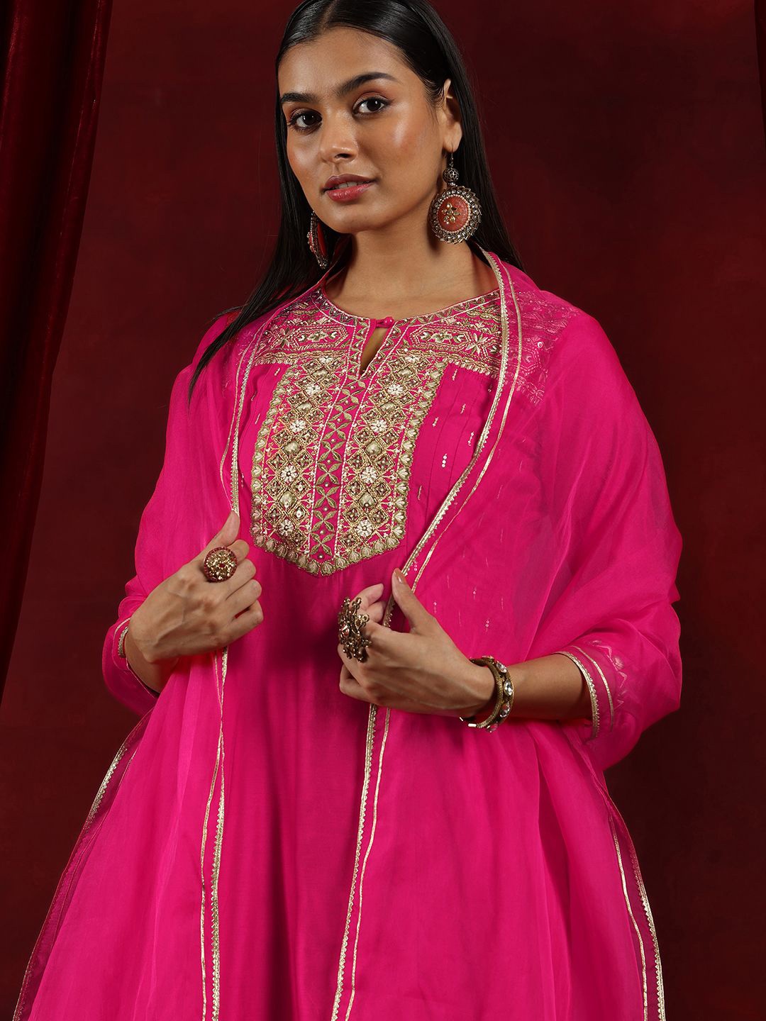 

Libas Art Floral Yoke Design Beads and Stones Chanderi Silk Kurta With Trousers & Dupatta, Pink