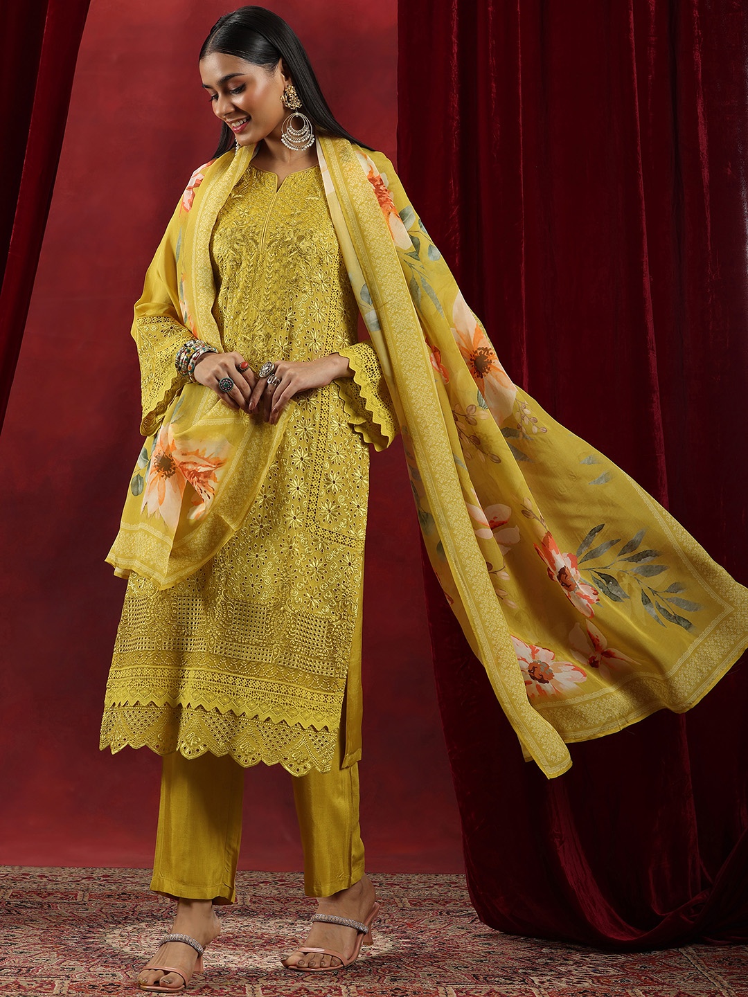 

Libas Art Floral Embroidered Schiffli Detailing Kurta With Trousers & Dupatta, Mustard