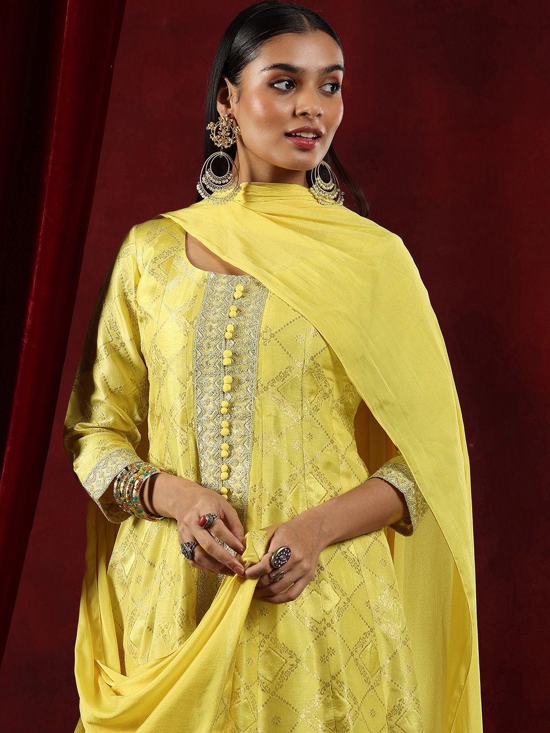 

Libas Art Floral Printed Woven Design Zari Detailing A-Line Kurta With Palazzos & Dupatta, Yellow