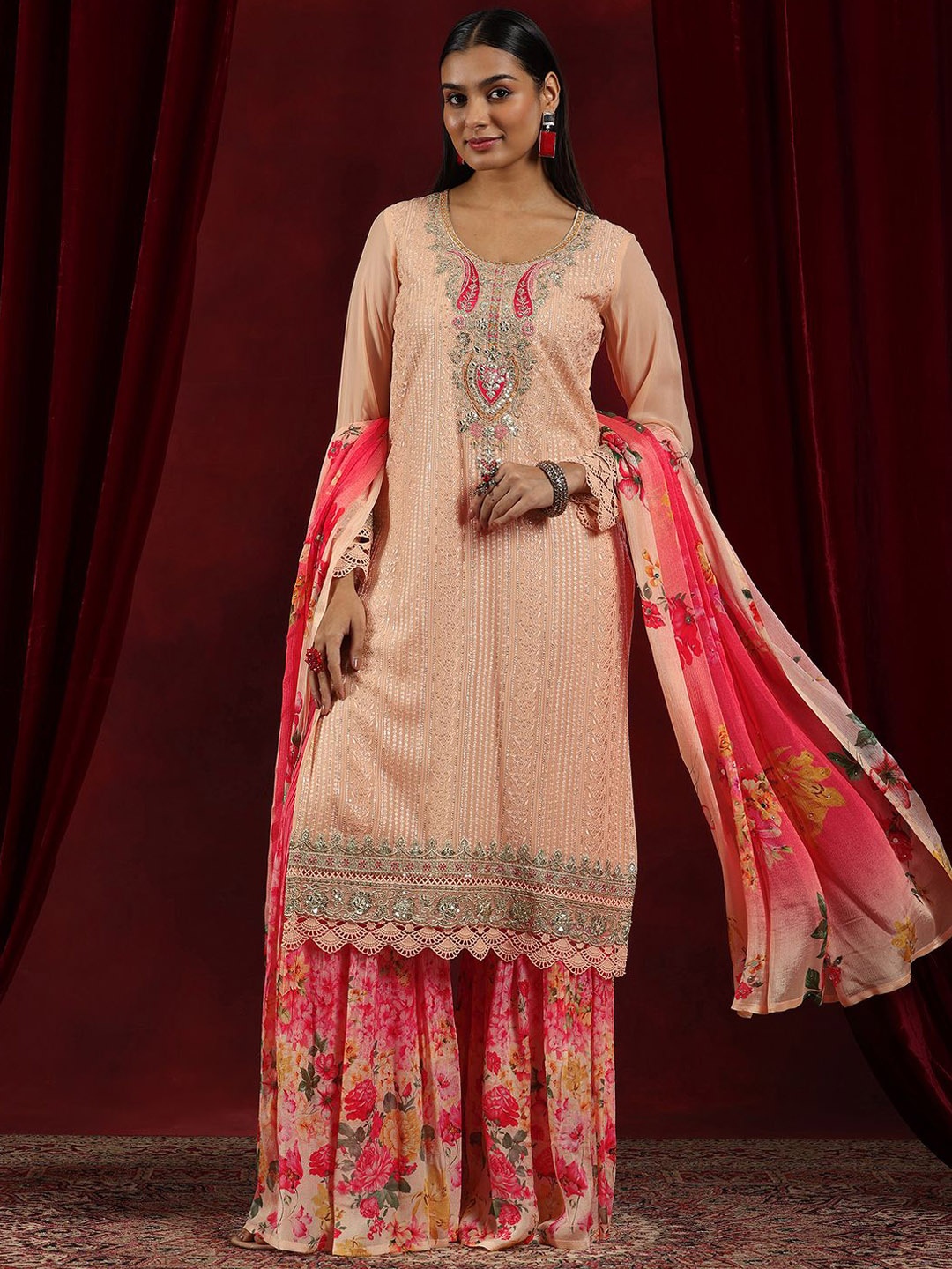 

Libas Art Ethnic Motifs Embroidered Zari Straight Kurta With Sharara & Dupatta, Peach