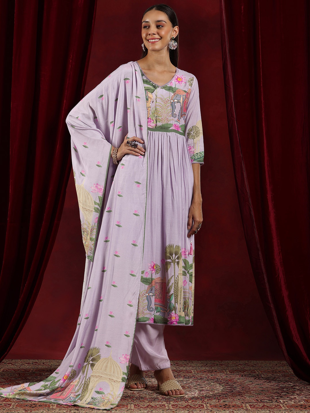 

Libas Art Ethnic Motifs Printed Pleated Sequined Anarkali Kurta With Trousers & Dupatta, Lavender