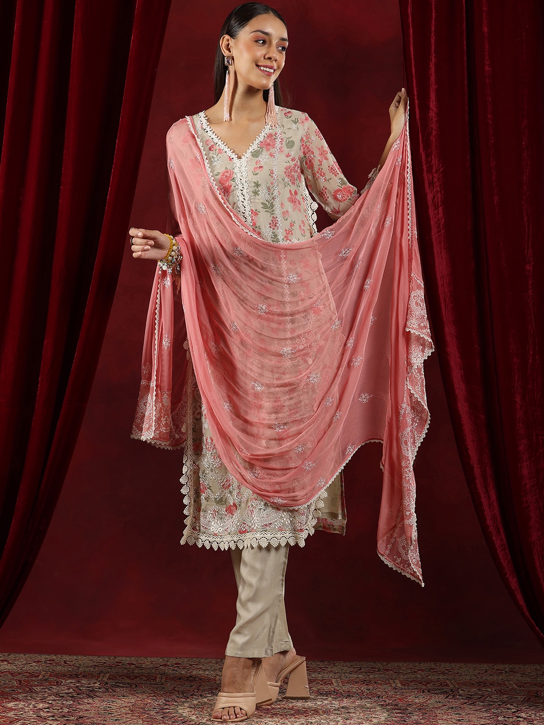 

Libas Art Floral Printed Thread Work Straight Kurta With Trousers & Dupatta, Grey