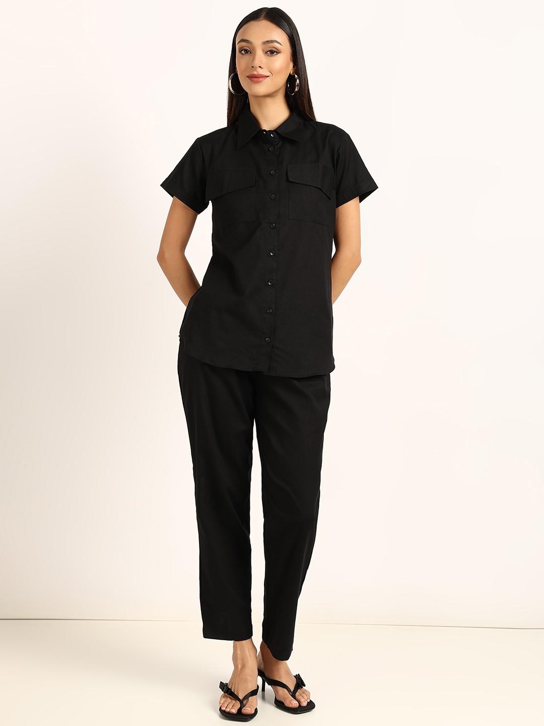 

BLOCKS OF INDIA Pure Cotton Shirt With Trousers, Black
