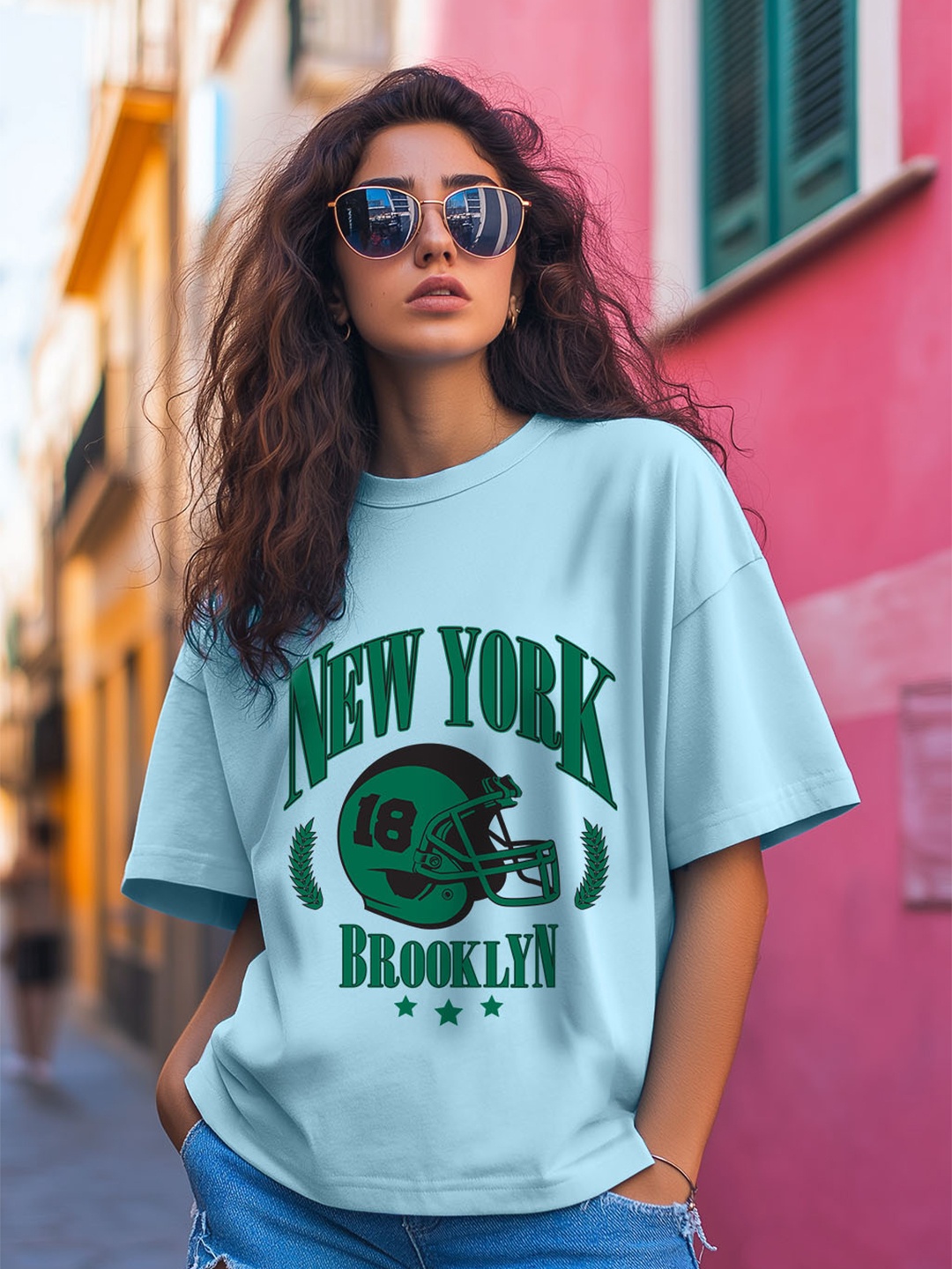 

JUNEBERRY Women Typography Printed Round Neck Pure Cotton Oversized T-shirt, Blue