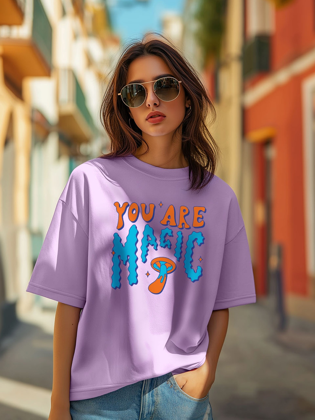 

JUNEBERRY Women Typography Printed Round Neck Pure Cotton Oversized T-shirt, Purple