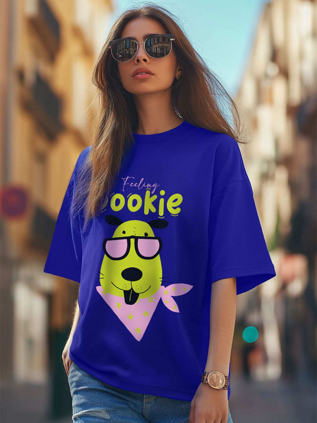 

JUNEBERRY Women Graphic Printed Round Neck Pure Cotton Oversized T-shirt, Blue