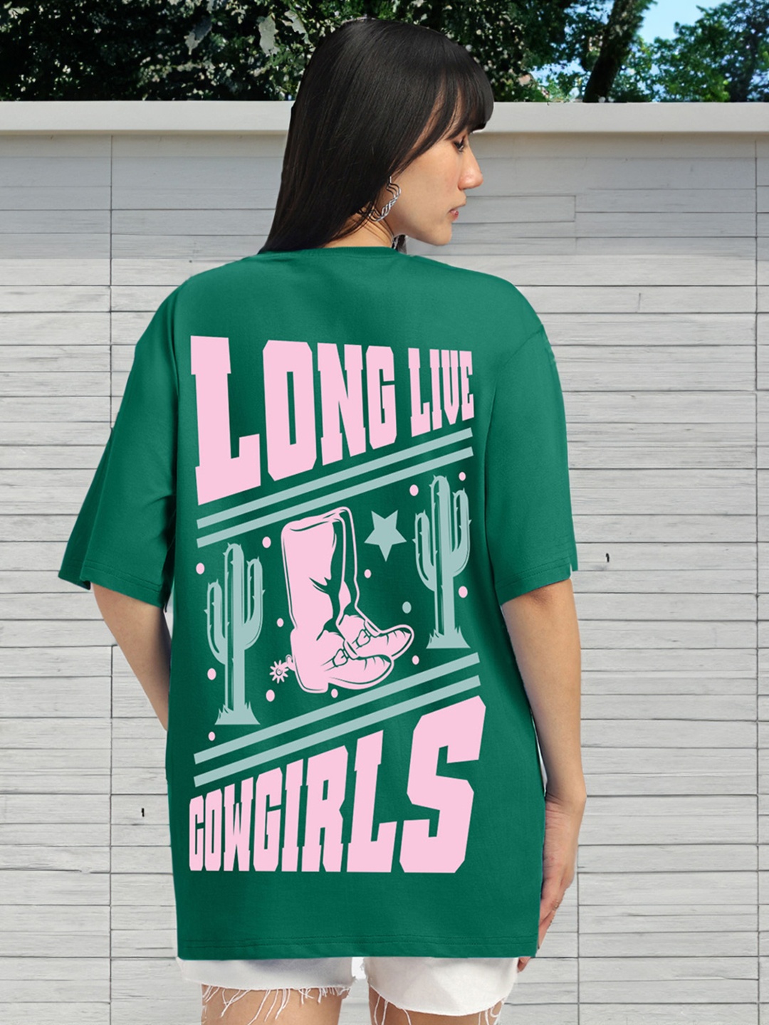 

JUNEBERRY Women Typography Printed Round Neck Pure Cotton Oversized T-shirt, Green