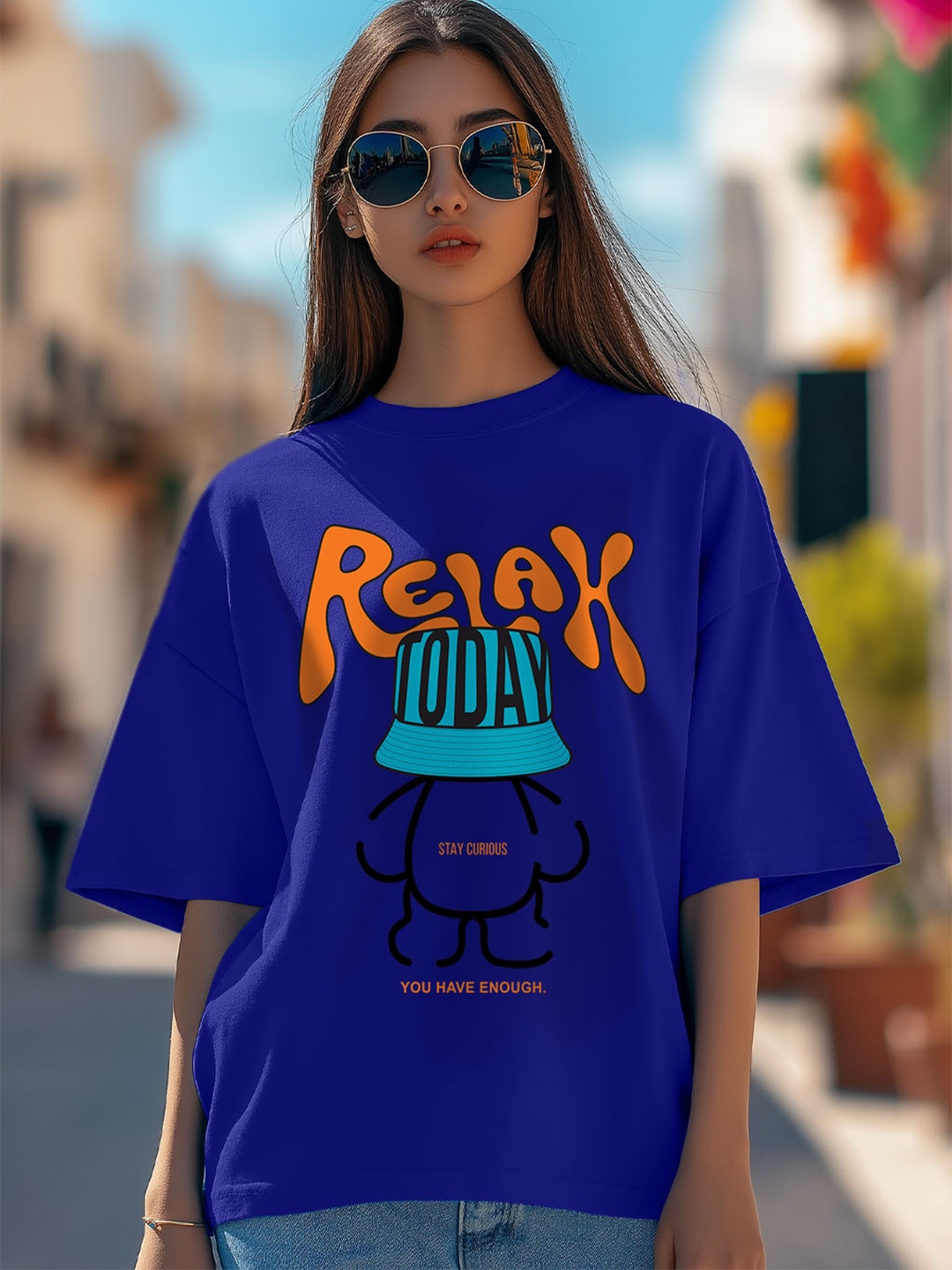 JUNEBERRY Women Typography Printed Round Neck Pure Cotton Oversized T-shirt, Blue