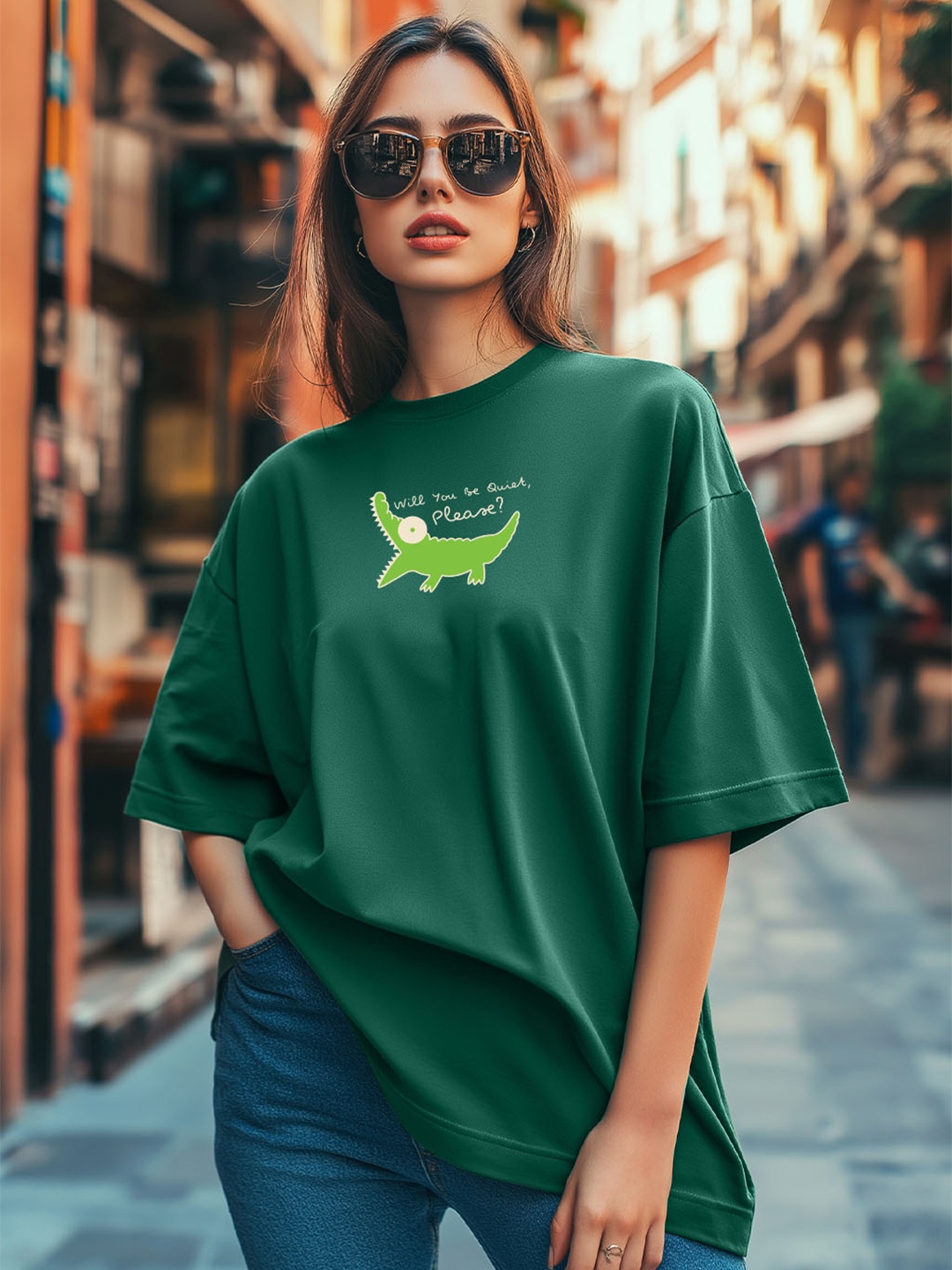 

JUNEBERRY Women Graphic Printed Round Neck Pure Cotton Oversized T-shirt, Green