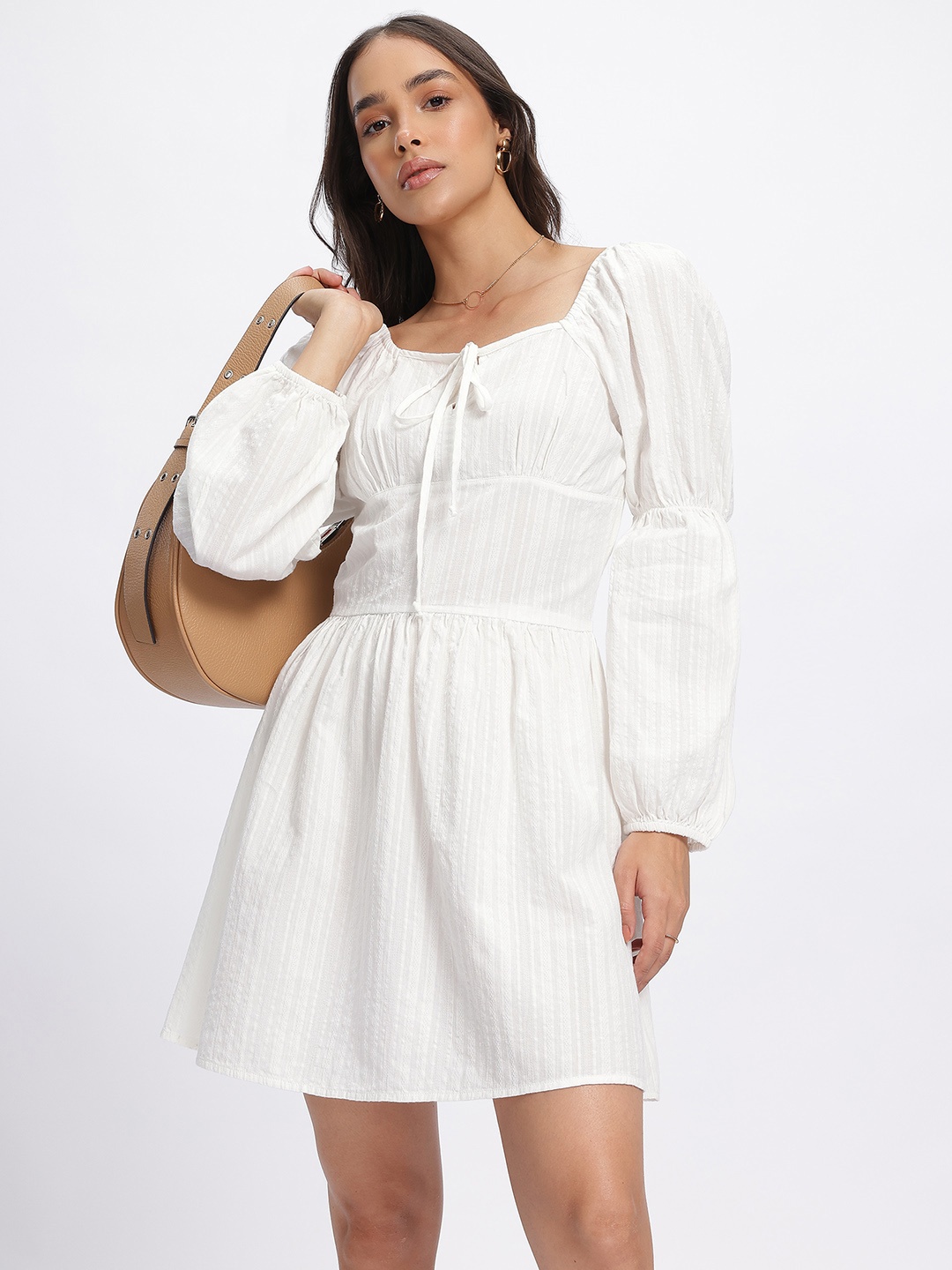 

DressBerry Power Shoulders Textured A-Line Dress, White