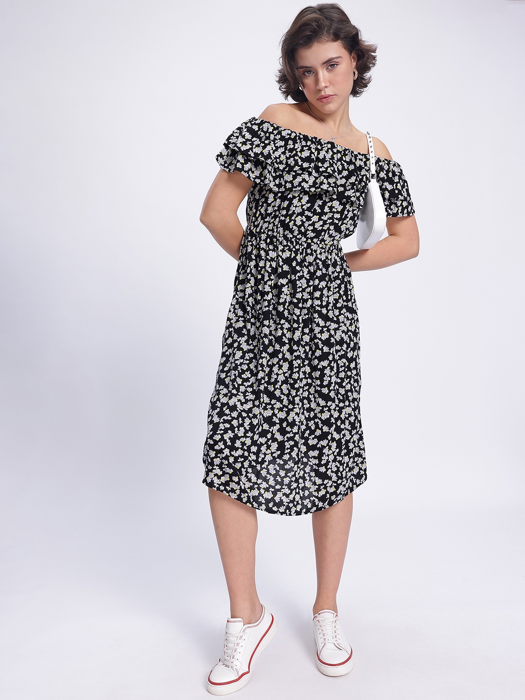 

DressBerry Monochrome Florals Off-Shoulder A-Line Midi Dress, Black