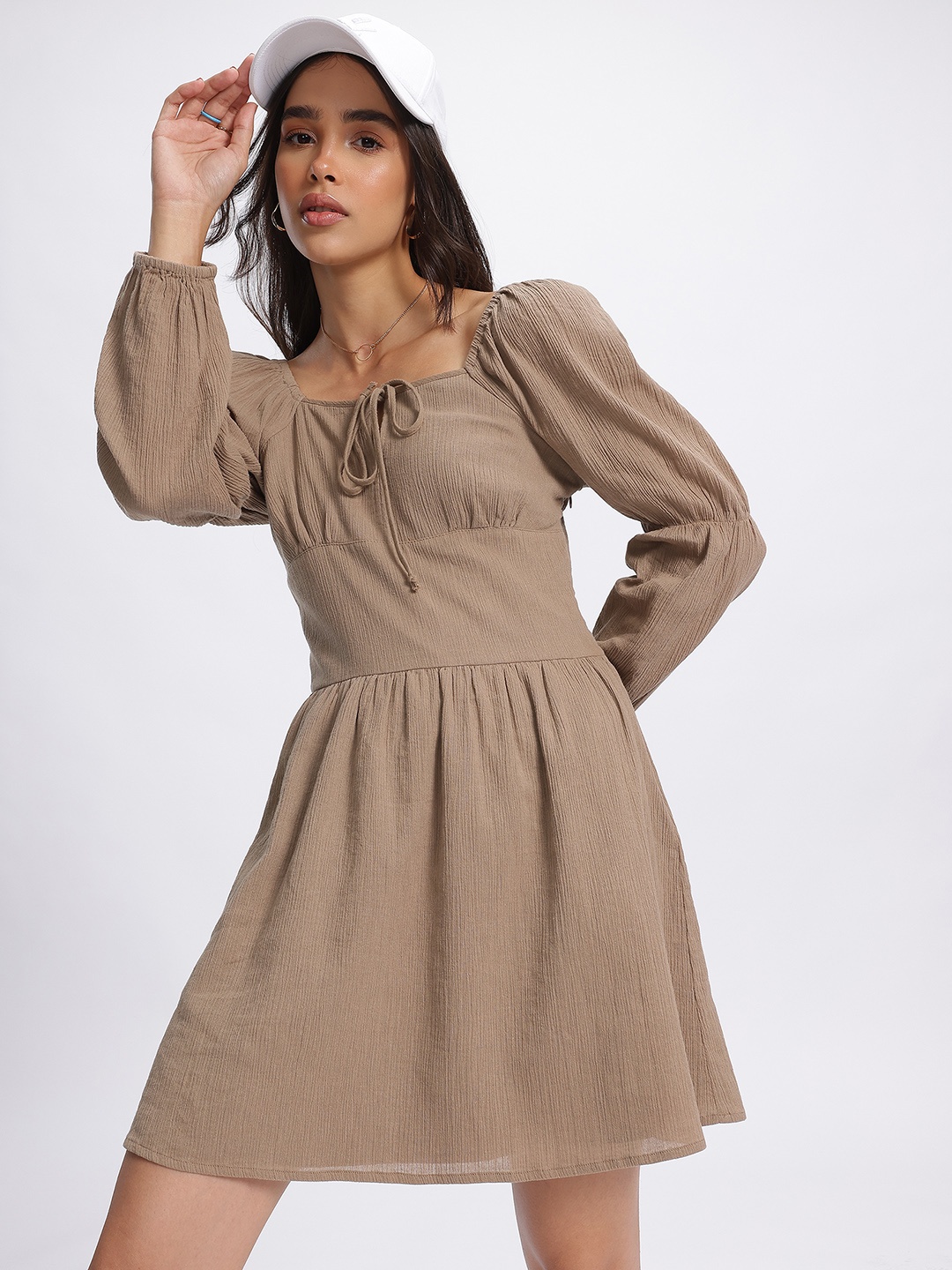 

DressBerry Drama Sleeves Textured A-Line Dress, Brown