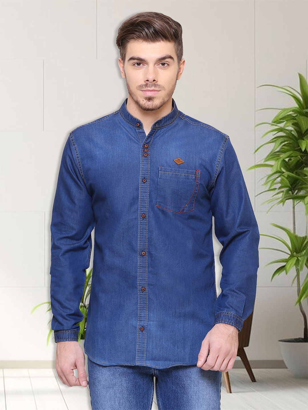 

Kuons Avenue Men Smart Band Collar Solid Denim Slim Fit Casual Shirt, Blue