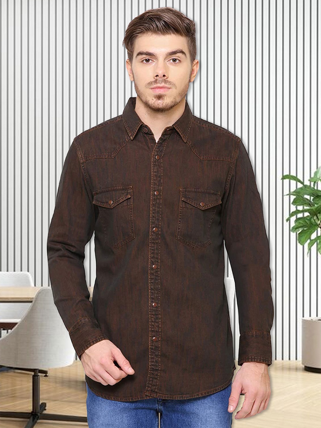 

Kuons Avenue Men Smart Spread Collar Solid Denim Slim Fit Casual Shirt, Brown