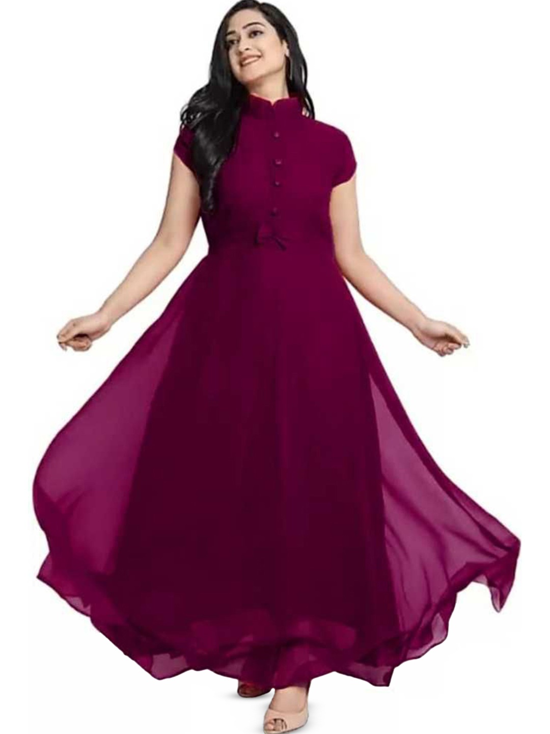 

Krunal Raiyani Georgette Mandarin CollarGeorgette A-Line Maxi Dress With A Belt, Magenta
