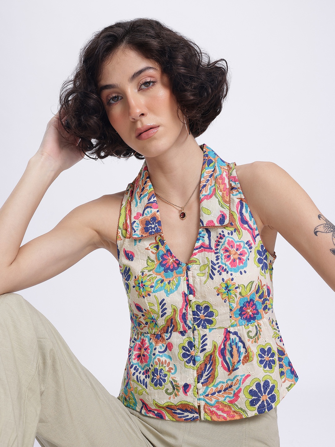 

DressBerry Floral Embroidered Shirt-Style Top, Off white