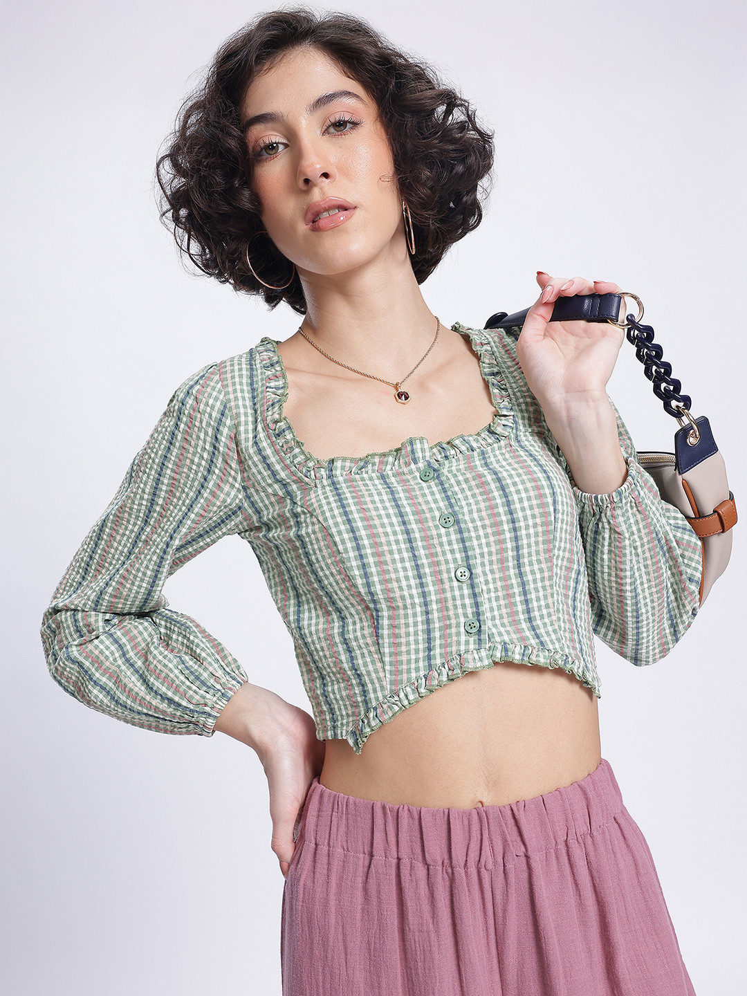 

DressBerry Sheer Seersucker Frill Detail Shirt-Style Top, Green