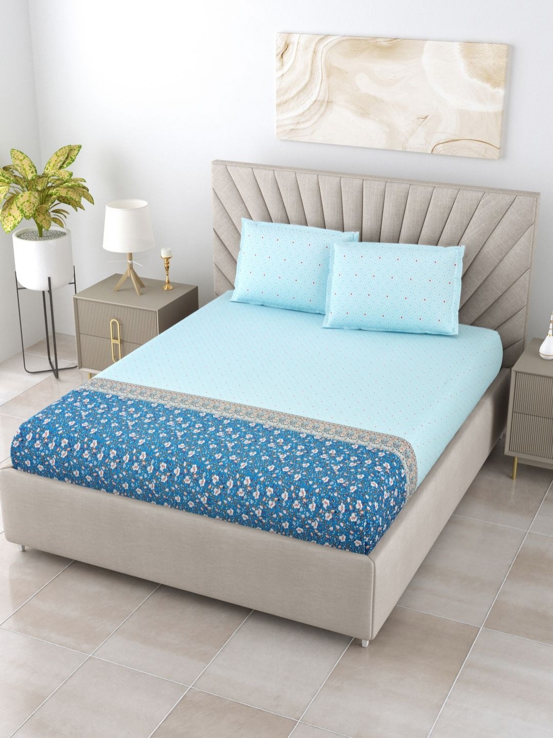 

BOMBAY DYEING Thyme Blue Floral Printed Cotton 210 TC King Bedsheet Set 2.74 x 2.74 m