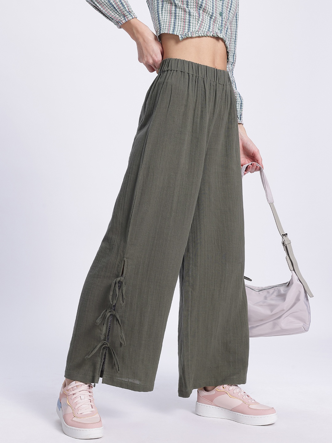 

DressBerry Women Elegant Drape Trousers with Bow-Detail, Olive