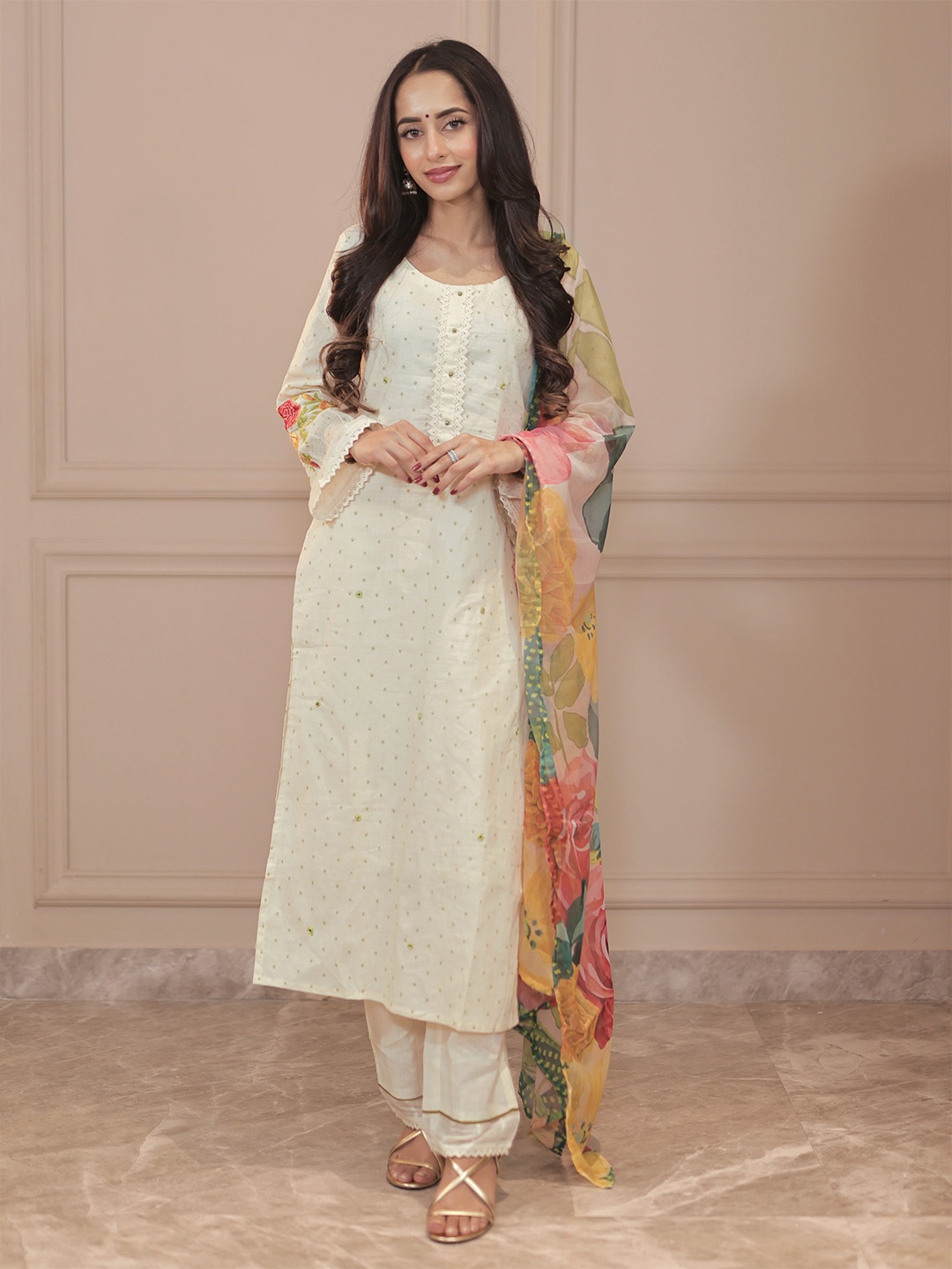 

Libas Floral Printed Gotta Patti Pure Cotton Straight Kurta with Trousers & Dupatta, Off white
