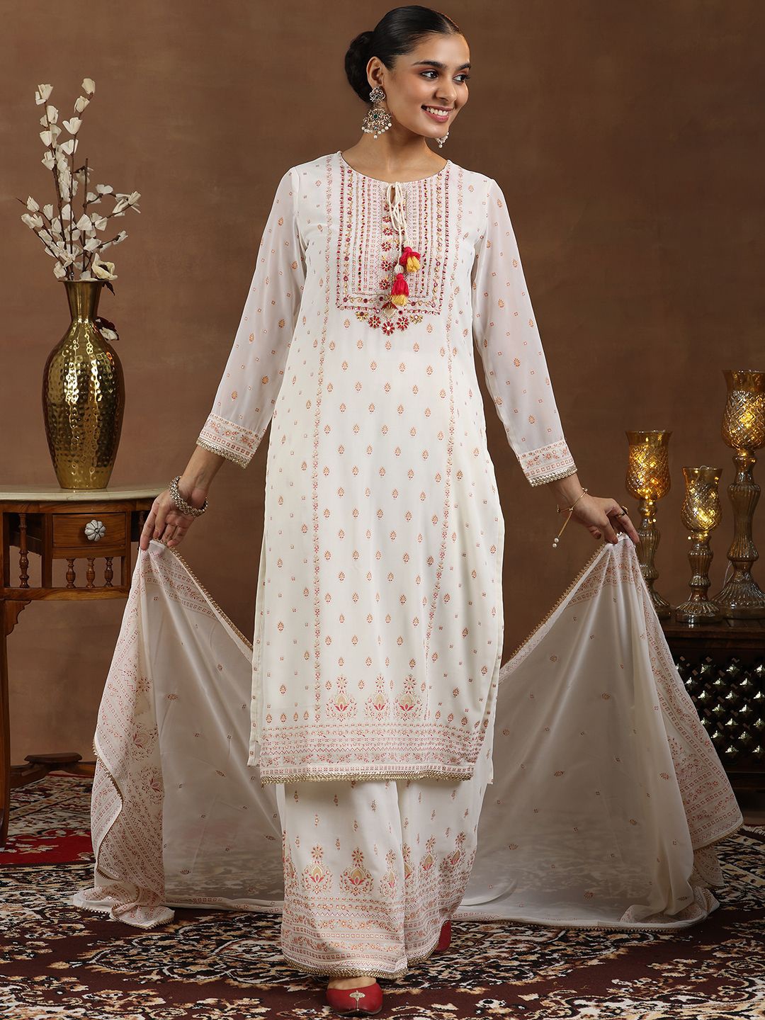 

Libas Floral Printed Mirror Work Straight Kurta with Palazzos & Dupatta, Off white