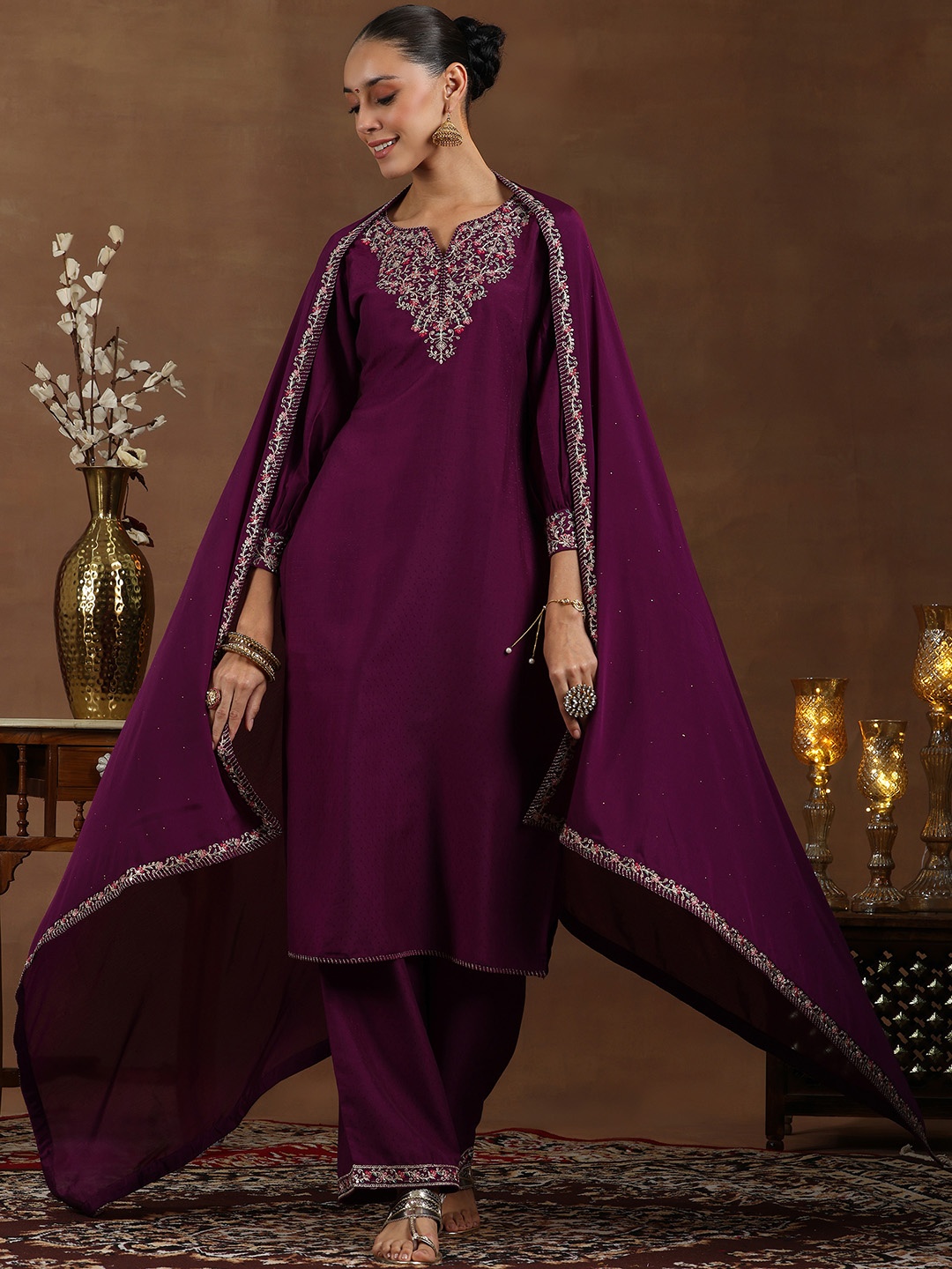 

Libas Floral Yoke Design Notch Neck Puffed Sleeves Straight Kurta With Palazzos & Dupatta, Burgundy