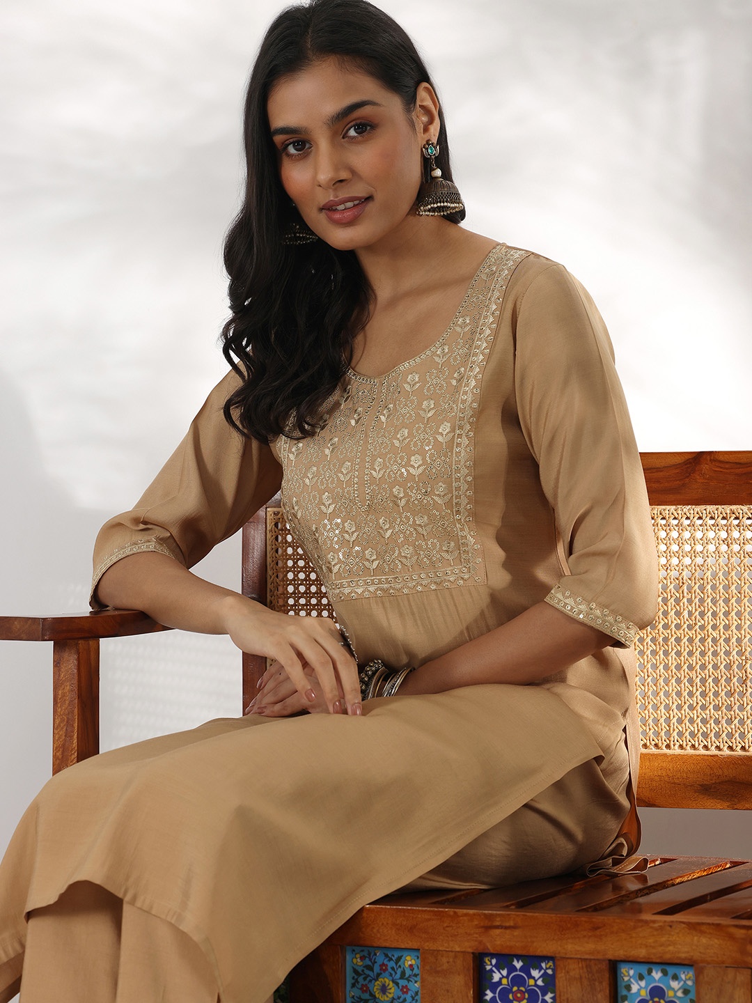 

Libas Floral Yoke Design Sequinned Straight Kurta with Trousers, Beige