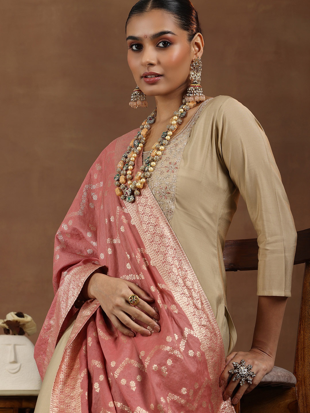 

Libas Floral Yoke Design Sequinned Straight Kurta with Trousers & Dupatta, Beige