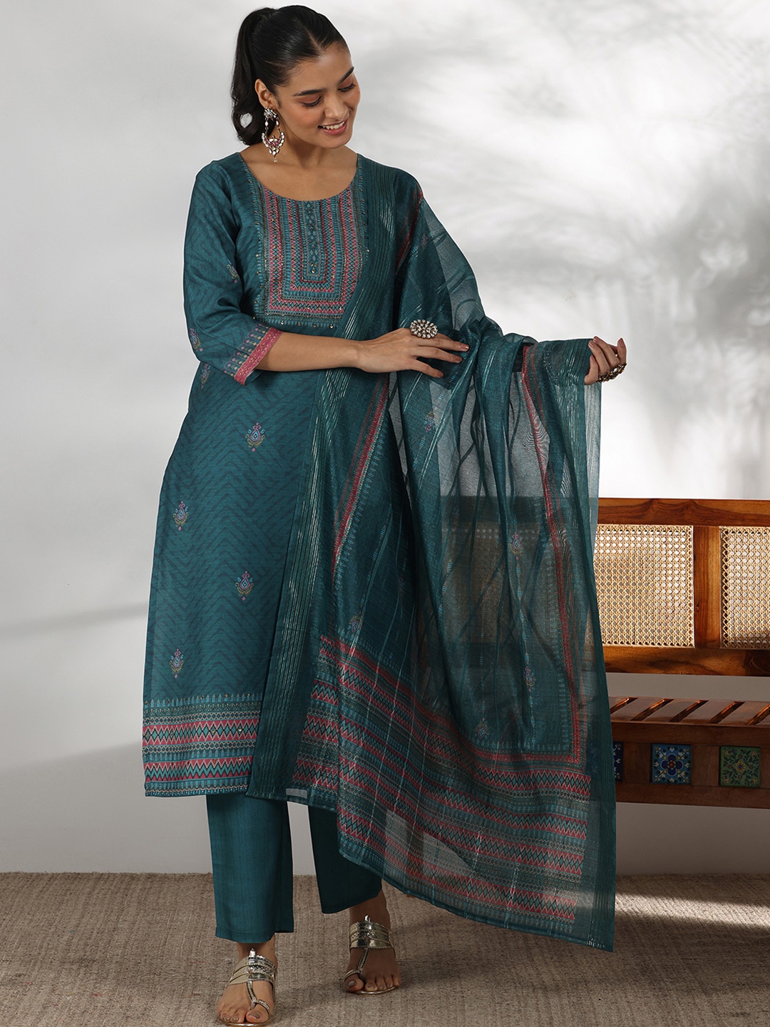 

Libas Ethnic Motifs Printed Sequinned Straight Kurta With Trouser & Dupatta, Teal