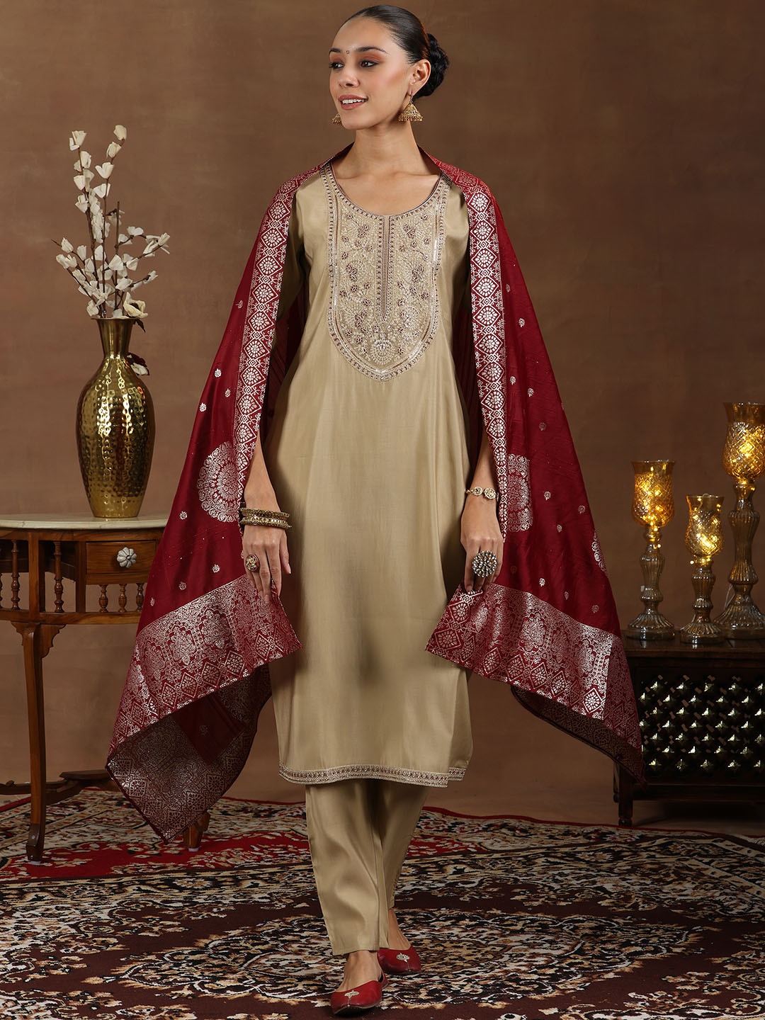 

Libas Floral Yoke Design Straight Kurta with Trousers & With Dupatta, Beige