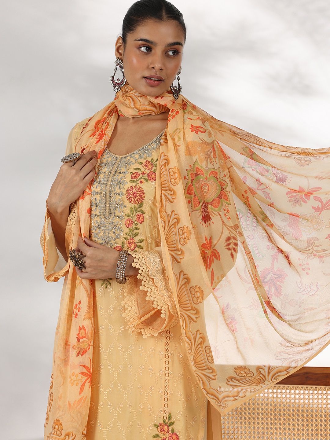 

Libas Floral Embroidered Thread Work Straight Kurta with Trousers & Dupatta, Orange