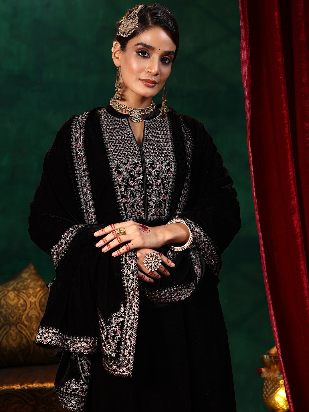 

Libas Floral Yoke Design Thread Work Velvet A Line Kurta with Palazzos & With Dupatta, Black