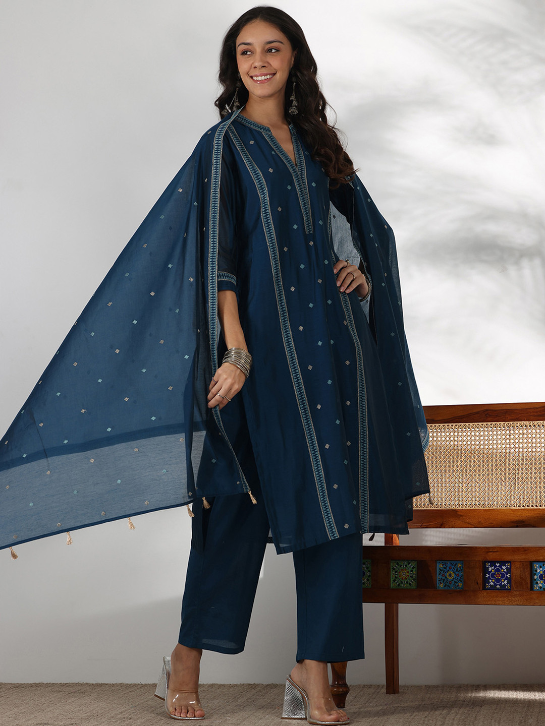 

Libas Mandarin Collar Chanderi Silk Straight Kurta with Trousers & Dupatta, Teal