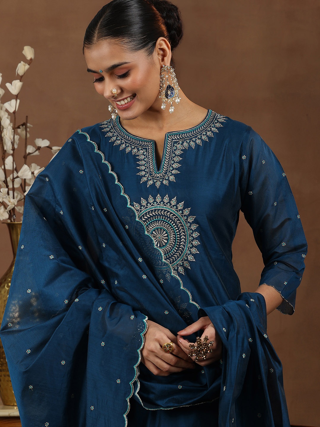 

Libas Ethnic Motifs Embroidered Zari Chanderi Silk Straight Kurta with Trousers & Dupatta, Teal