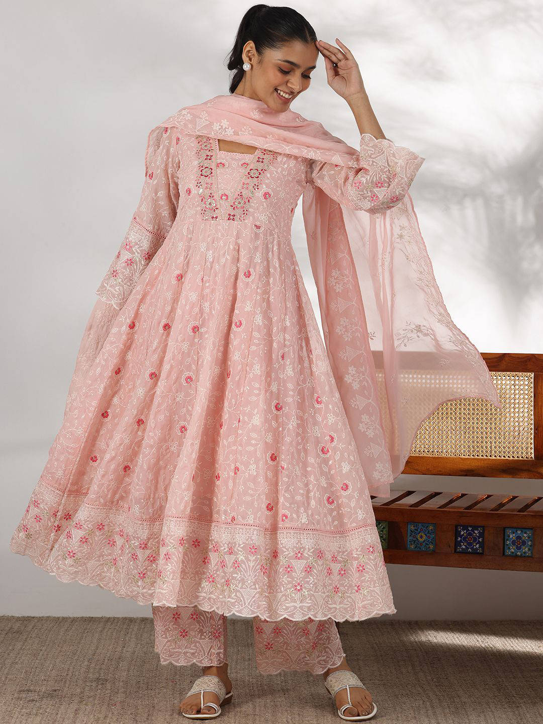 

Libas Floral Embroidered Thread Work Anarkali Kurta with Palazzos & Dupatta, Pink