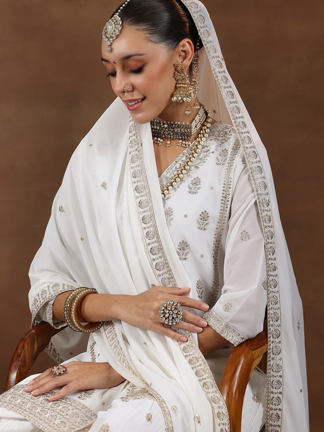 

Libas Floral Embroidered Sequinned Georgette Straight Kurti With Palazzos & Dupatta, White