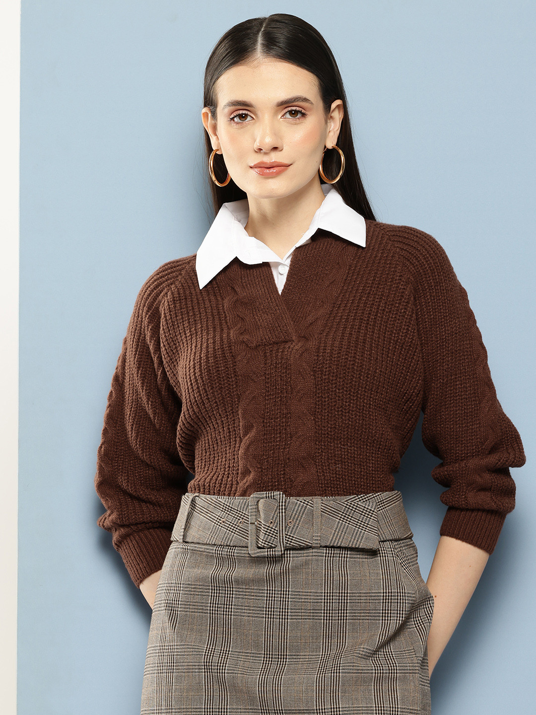 

Chemistry Women Woollen Pullover with Mock Shirt Collar, Brown