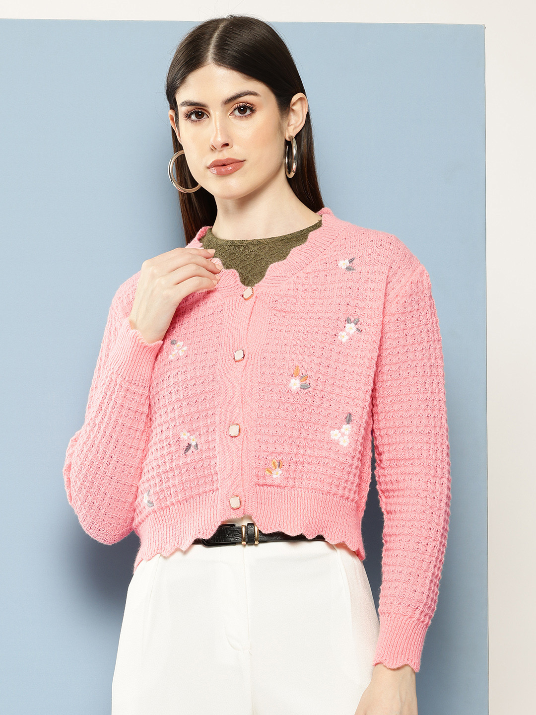 

Chemistry Women Woollen Crop Cardigan with Floral Embroidered Detail, Peach