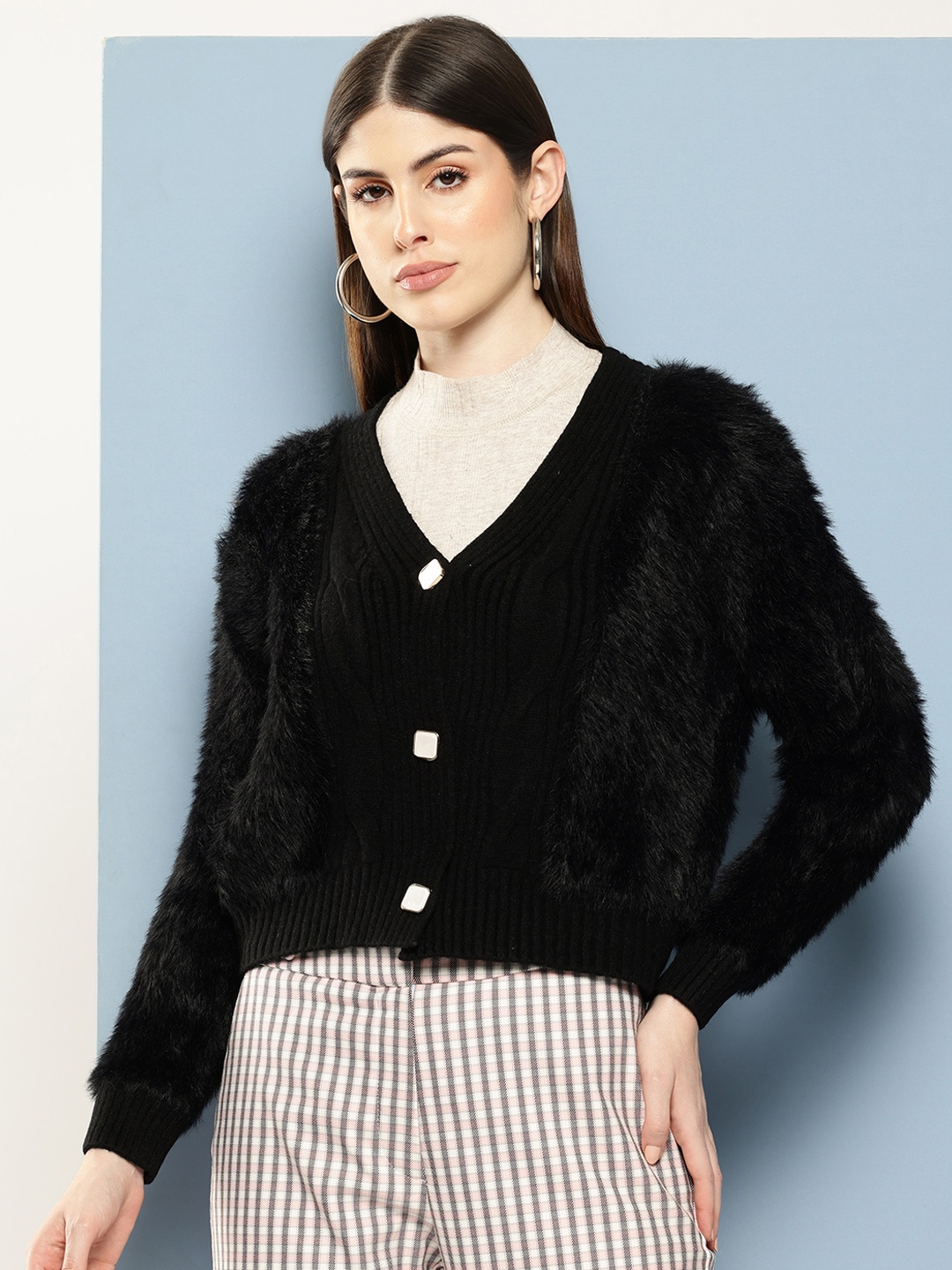 

Chemistry Boucle Woollen Cardigan with Fuzzy Detail, Black