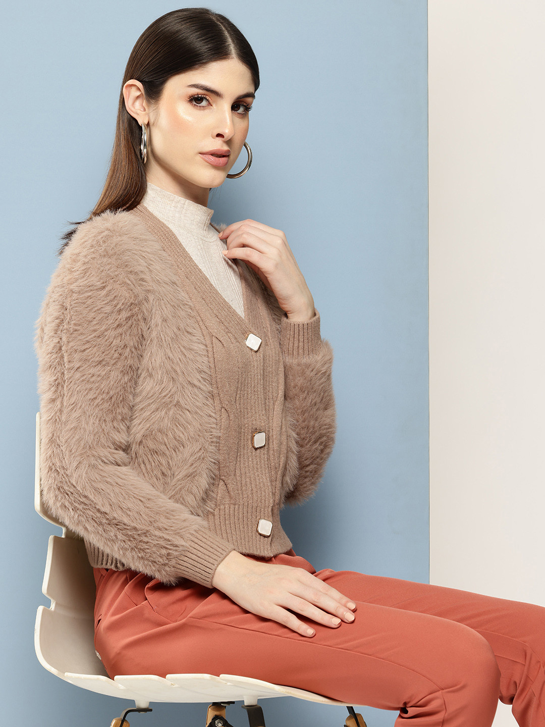 

Chemistry Boucle Woollen Cardigan with Fuzzy Detail, Brown